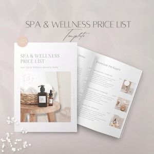 Könnte beinhalten: Eine weiße und graue Spa- und Wellness-Preisliste mit einem Menü und Premium-Paketen. Die Vorlage hat ein minimalistisches Design mit hellem Hintergrund und schwarzem Text. Das Bild zeigt ein Spa-Ambiente mit einem Korb mit Handtüchern, einer Flasche Lotion und einer Flasche ätherischem Öl.