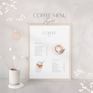 Modelo de menu de café, impressão de lista de preços de barista editável, quadro de negócios de café premium, profissional, guia do cliente para impressão, modelo Canva