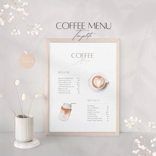 Coffee Menu Template, Editable Barista Price List Print, Premium Cafe Business Board, Professional, Printable Client Guide, Canva Template