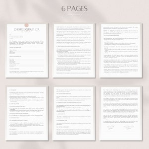 May include: A six-page contract for a choreographer. The contract includes sections for payment, cancellation, liability, and client responsibilities. The contract is written in a formal, professional style.
