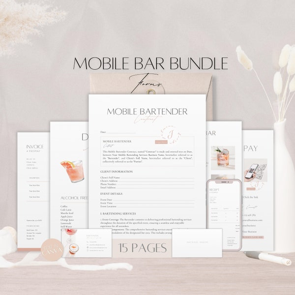 Ensemble de formules de bar mobiles, contrat commercial modifiable de barman, forfaits de services de barman, contrat client personnalisé, modèle de menu de boissons