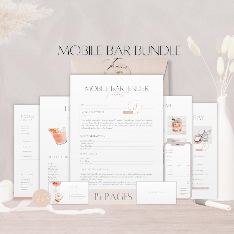 Mobile Bar Forms Bundle, Editable Bartending Business Contract