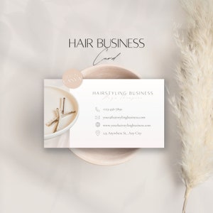 Modelo de cartão de visita para cabelo, informações editáveis sobre salão de beleza, consulta profissional de atendimento ao cliente, arquivo Canva personalizável e imprimível