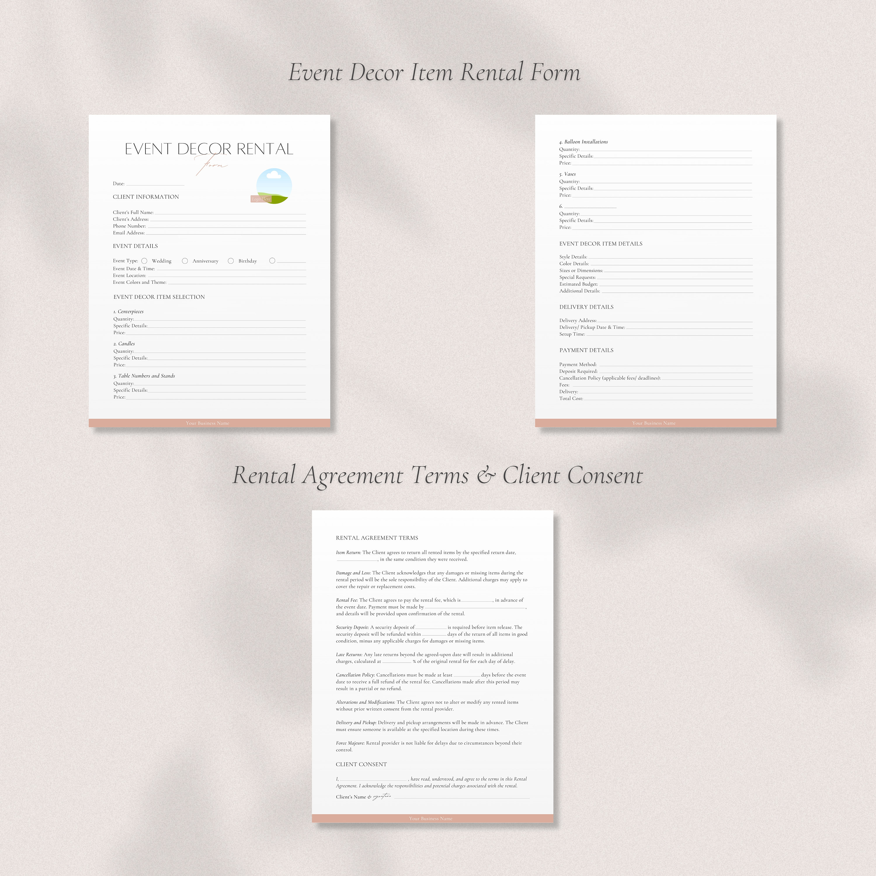 Event Decor Item Rental Form, Editable Event Supplies Rent ...