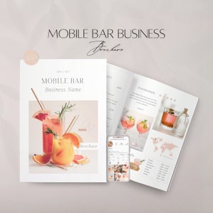 Modelo de folheto de bar móvel, cartão de visita editável do Instagram para barman, arquivo de livreto duplo de serviços de bar, documento Canva de guia do cliente