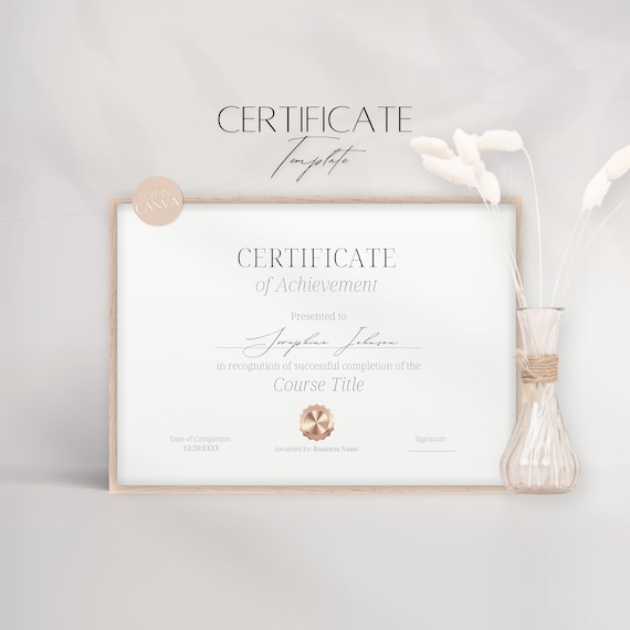 Certificate of Achievement Template, Editable Certificate of Completion, Professional Business Training Award Document, Printable Canva File