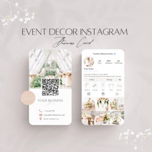 Biglietto da visita Instagram per decoratori di eventi, modello di biglietto da visita modificabile, file di codice QR per social media professionali, informazioni sui servizi di decorazione Canva