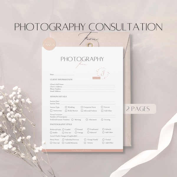 Formulaire de consultation en photographie, formulaire de séance photo client modifiable, service commercial pour photographe, modèle de toile imprimable pour photographes