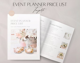 May include: A white and pink event planner price list template with a floral design and candles. The price list includes a menu and premium packages with prices listed. The text on the page reads "Event Planner Price List Template", "Event Planner Price List", "Your Event Planning Business Name", "Menu", and "Premium Packages".