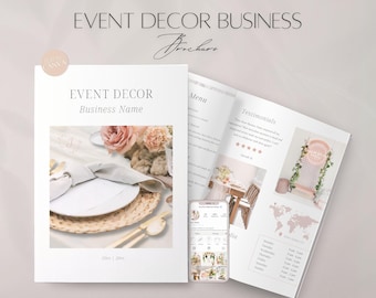 Puede incluir: Un folleto para un negocio de decoración de eventos. La portada presenta una mesa puesta con un plato blanco, una servilleta azul claro y un mantel individual tejido. El folleto también incluye un menú, testimonios e información sobre redes sociales.