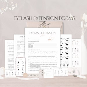 May include: A set of 25 printable eyelash extension forms in a bundle. The forms include client information, medical history, and aftercare instructions. The forms are designed with a modern aesthetic and feature a floral design.