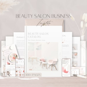May include: A pink and white beauty salon business catalog with over 300 pages. The catalog features a pink and white interior design with a pink chair and a white table. The catalog also includes a giveaway announcement and a pink and white floral design.