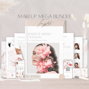 May include: A pink and white makeup artist catalog template bundle with 85+ pages. The cover features a woman with pink flowers and the text "Makeup Artist Catalog" and "Your Makeup Business Name".