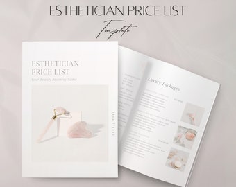 Modèle de liste de prix esthéticienne, guide de tarification client modifiable, outils de services de salon professionnel, fiche produit beauté, fichiers canva