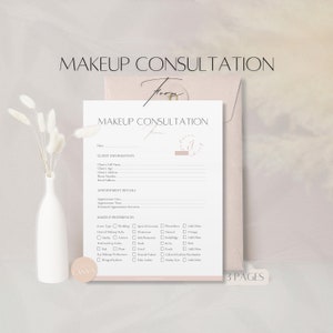 Plantilla de formulario de consulta de maquillaje, gráfico de rostros de belleza editable, documento de acuerdo con el cliente de maquillador profesional, formulario Canva de negocio de maquillaje
