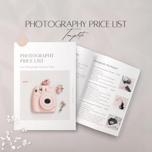 Modello di listino prezzi per la fotografia, guida ai prezzi delle foto dei clienti modificabile, file di servizi di fotografia professionale, menu Canva Studio stampabile