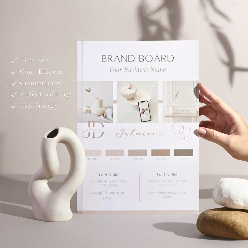 May include: Brand board with the name "Jalmine Design" in a handwritten font. The board includes a color palette of beige, brown, and white. The font name is listed as "ABCDEFGHIJKLMNOPQR STUVWXYZ abcdefghijklmnopqrstuvwxyz" in a sans-serif font.