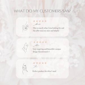 May include: Three customer reviews with five-star ratings and positive comments about a product. The reviews include "This is exactly what I was looking for and the seller was very nice and helpful", "Very inspiring and beautiful + unique design. Recommend :)", and "Perfect product for what I need."