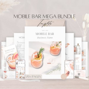 Modelos de mega pacote de bar móvel, contrato editável de bartender, pacote de serviços de bartender, folheto comercial de bebidas, modelos de mídia social