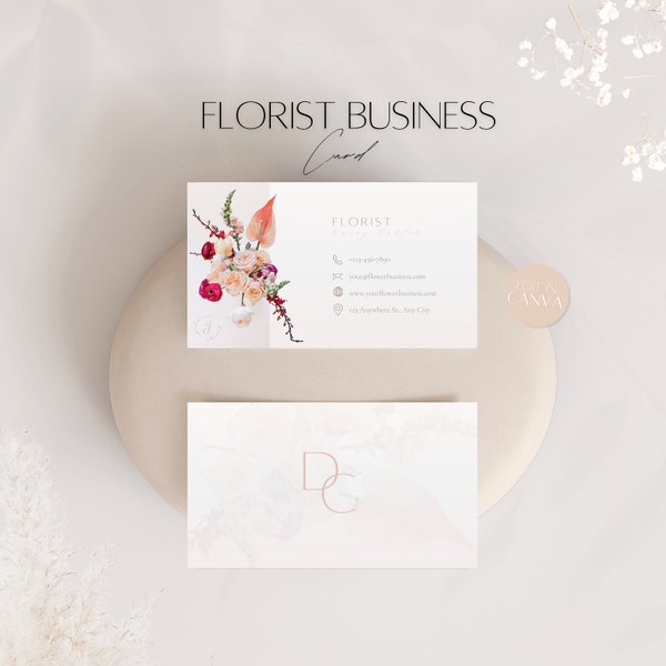 Florist Business Card Template, Editable Floral Info Card Design, Professional Client Flower Service Appointment, Personalizable Canva Files