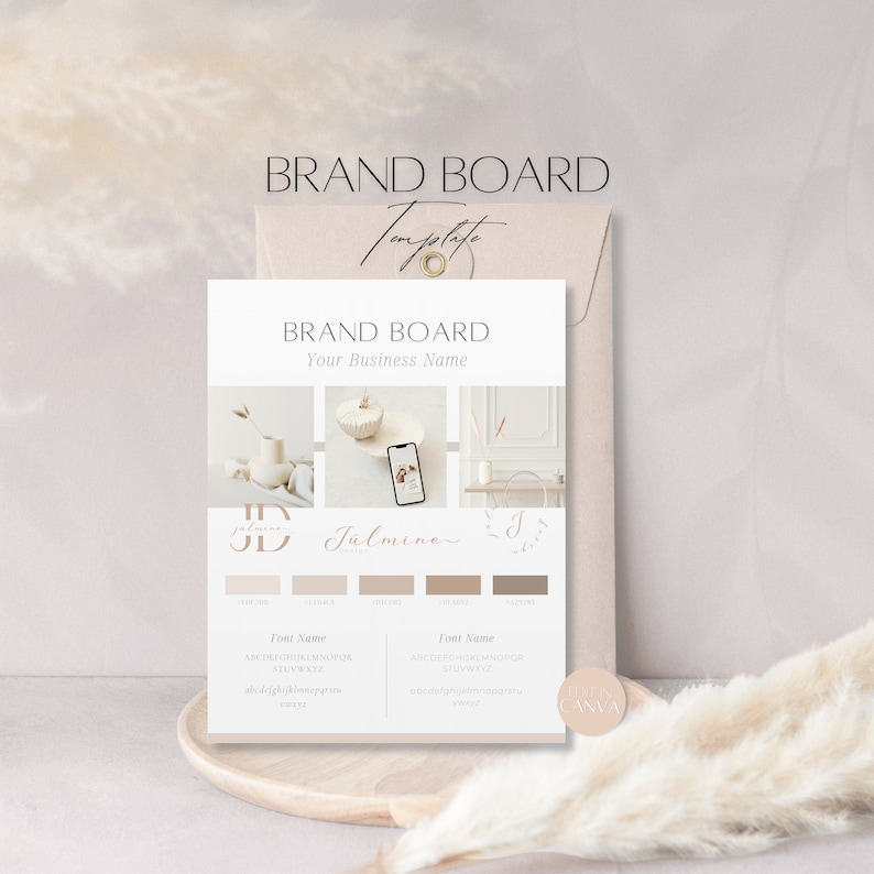 May include: Brand board template with the text "Jalmine Design" in a handwritten font. The board includes a color palette of beige and brown tones, a logo with the initials "JD" in a circle, and a font selection.