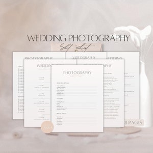 Lista ujęć fotografii ślubnej, lista kontrolna dla fotografów, harmonogram ślubu, kwestionariusz klienta, formularze zdjęć biznesowych dla fotografii, Canva