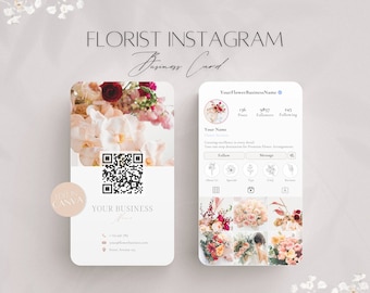 Plantilla de tarjeta de visita de Instagram de floristería, tarjeta de visita de flores editable, tarjeta de código QR de redes sociales profesionales, información de servicios florales de Canva