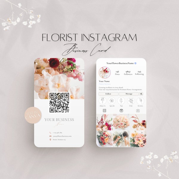 Florist Instagram Business Card Template, Editable Flower Business Card, Professional Social Media QR Code Card, Canva Floral Services Info