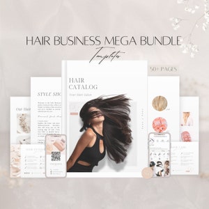 Megabundelsjablonen voor kappers, bewerkbare kapperscatalogus, klantovereenkomst voor professioneel haar, serviceformulieren voor kapsalons, Canva-gidsen