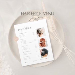 Modelo de menu de preço de cabelo, lista de preços editável de salão de beleza, guia de cliente de negócios de cabelo profissional, serviço de penteado, design de Canva para impressão