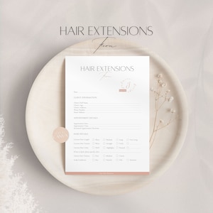 May include: A hair extensions form with a light pink background and a floral design. The form includes sections for client information, appointment details, and hair details. The form is titled "Hair Extensions Form".