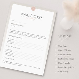 May include: A white Nail Artist contract with the text "NAIL ARTIST Contract" at the top. The contract includes sections for client information, event details, and nail services. The right side of the image has the text "WHY MY Template?" with bullet points.