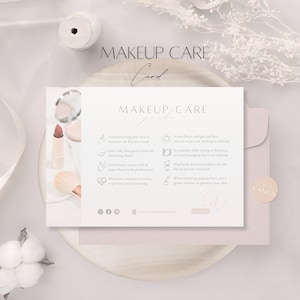Modèle de carte de soin maquillage, carte de remerciement, instructions pour le maquilleur, guide d'entretien maquillage client professionnel, modèle de toile de maquillage entreprise