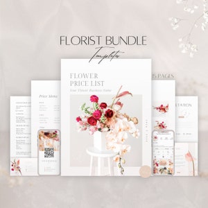 Paquete de plantillas de floristería, lista de precios de flores editables, tarjeta personalizada para el cuidado de flores del cliente, servicios comerciales florales profesionales, formularios Canva
