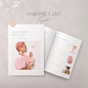 Modèle de liste de prix pour le service de coiffure, menu de tarification rose modifiable pour le salon de coiffure, guide des prix pour les clients de la coiffure professionnelle, fichiers canva professionnels