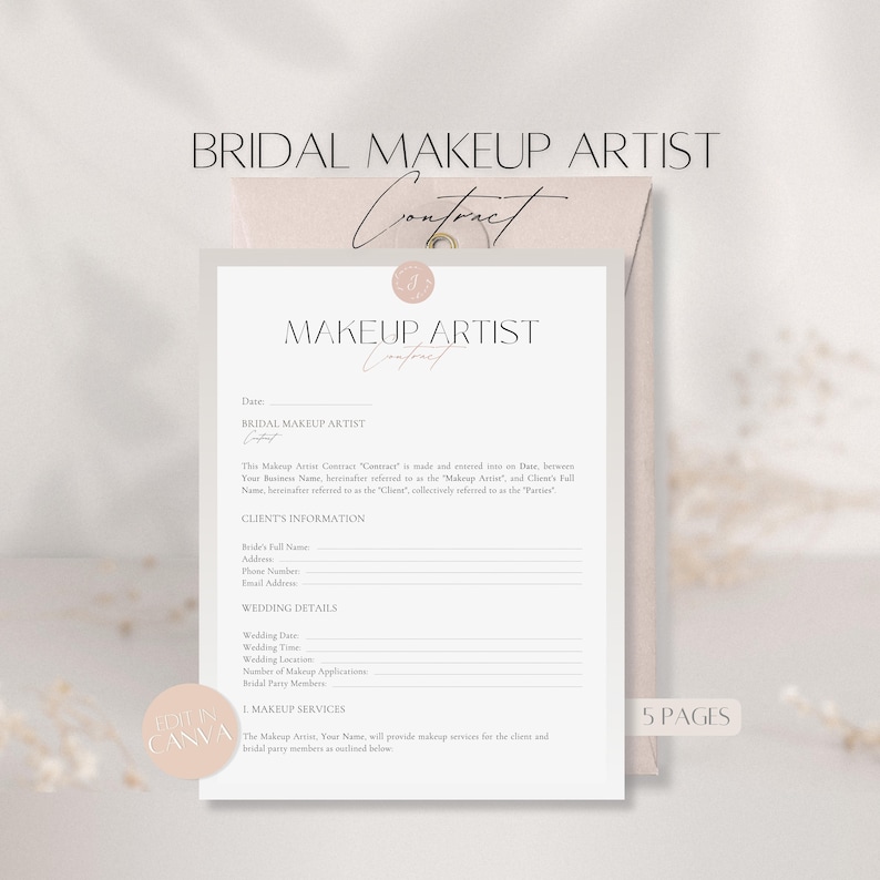 Bridal Makeup Artist Contract Template, Elegant Client Agreement, 5 Page Makeup Business Contract, Makeup Contract for Bride, Canva Template image 1