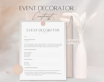 May include: A printable event decorator contract template with a white background and black text. The contract includes sections for client information, event details, and decoration services. The text "Edit in Canva" is in a pink circle at the bottom left corner of the page.