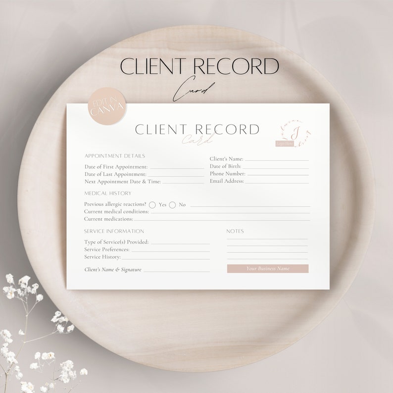 Client Card Or Chart Client Record Card Template, Editable Client Service Appointment ...