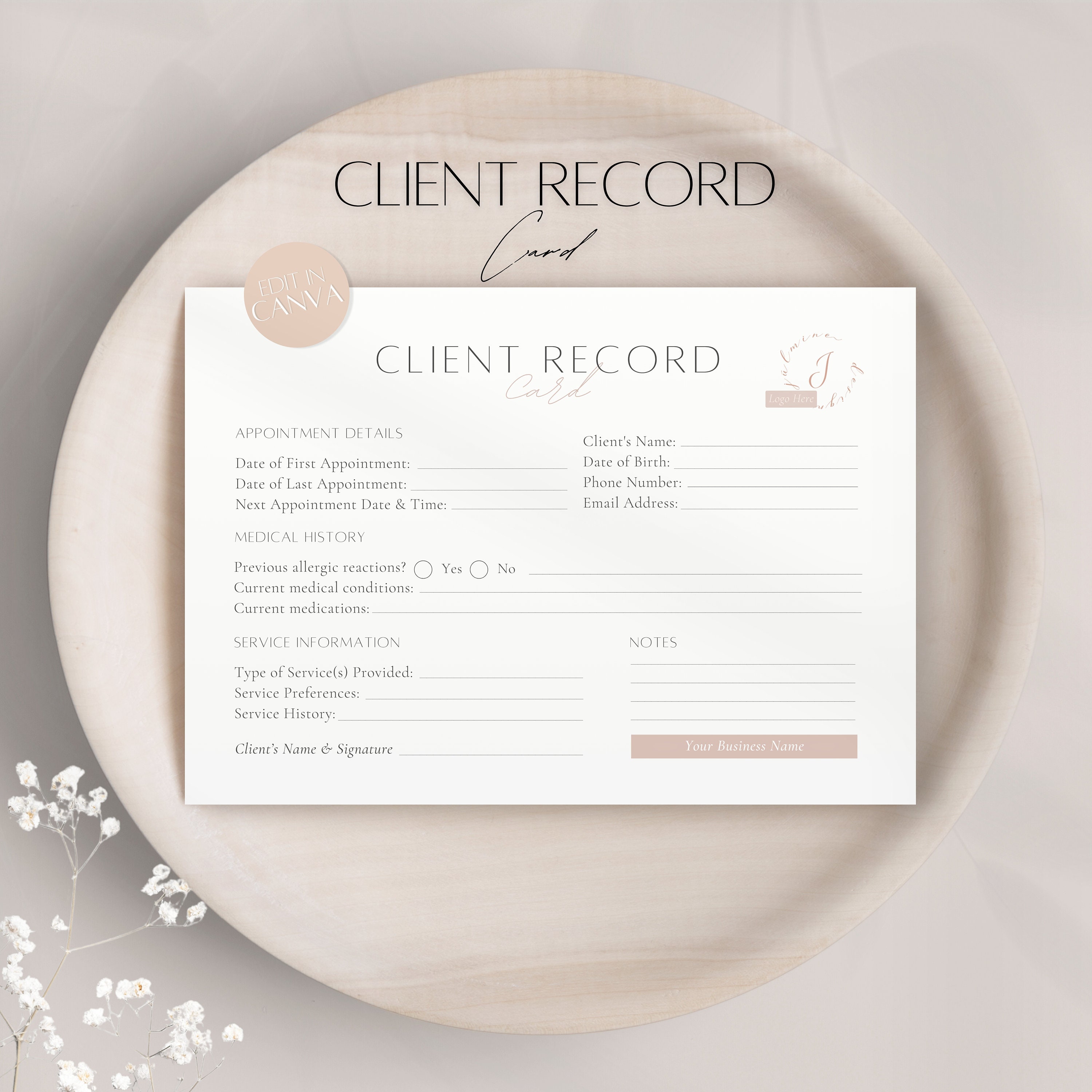 Client Record Card Template Editable Client Service Appointment