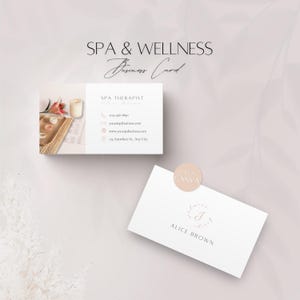 Modello di biglietto da visita per spa e benessere, design di biglietti da visita modificabili per la bellezza, servizi di terapia professionale per i clienti, modello Canva per spa stampabile