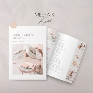 May include: A media kit template for a fashion and lifestyle business. The cover features a woman sitting on a pink couch, holding a phone. The inside pages list services and rates for content creation, social media, and collaborations.