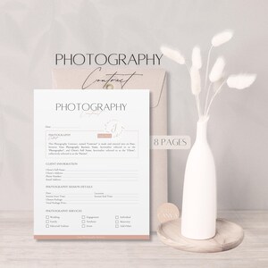 May include: A photography contract template with a pink and white color scheme. The contract includes sections for client information, photography session details, and photography services. The text "Photography Contract" is at the top of the page.
