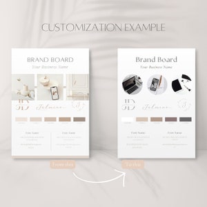 May include: A brand board with a light brown background. The board includes a logo, color palette, and font choices. The logo is a stylized "JD" with the text "Jalmine Design" underneath. The color palette includes shades of brown, beige, and gray. The font choices are "Abcherche" and "Sacrifice Pro". The text "From this" and "To this" are included to show the before and after of the brand board.