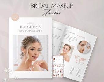 Peut inclure: Brochure de maquillage de mariée avec le texte "Bridal Hair" et "Your Business Name". La brochure présente une photo d'une femme avec du maquillage de mariée et un smartphone affichant des services de maquillage.