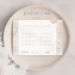 Plantilla de tarjeta de cuidado de joyería, tarjeta de instrucciones de cuidado posterior editable, guía de consejos de joyería para clientes profesionales, plantillas Canva para fabricantes de joyería