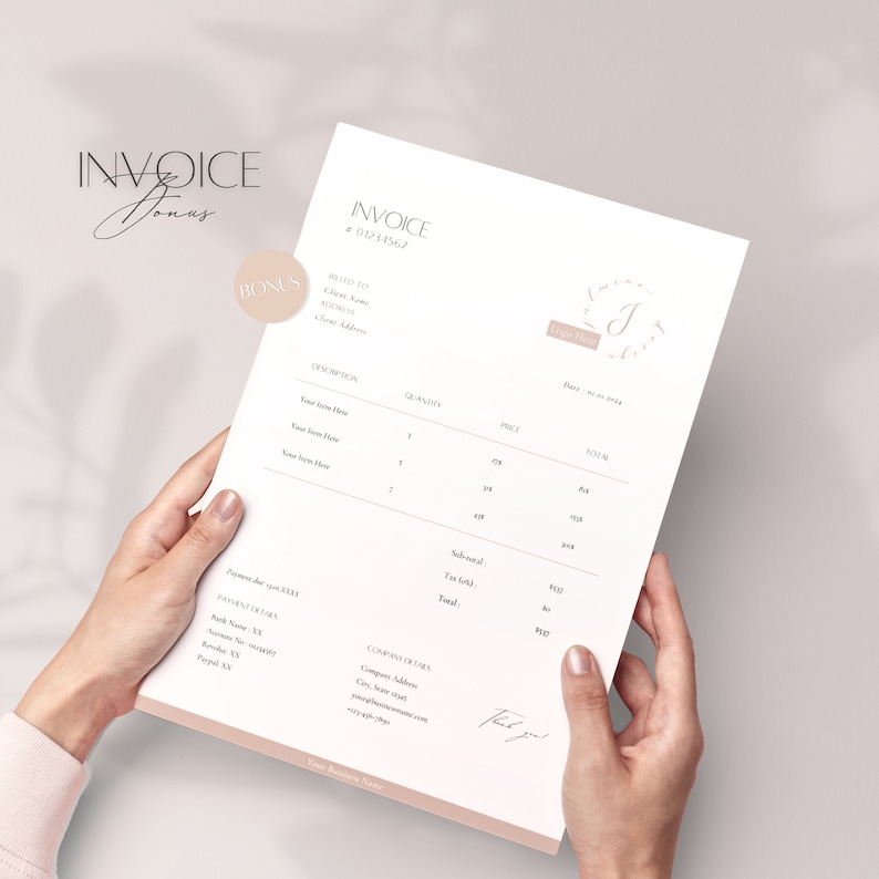 May include: A minimalist invoice template with a light brown color scheme. The invoice number is 01234567. The invoice includes a description, quantity, price, and total. The company details include the company address, city, state, zip code, phone number, and email address. The invoice also includes a thank you message.