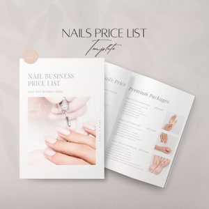 Modelo de lista de preços de unhas, guia de preços editável para salão de nail art, arquivo de serviços comerciais de unhas para clientes profissionais, arquivo de menu Canva para impressão