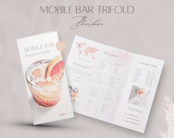 Mobile Bar Trifold Brochure Template, Editable Bartender Services Announcement File, Professional Bar Business, Client Guide Canva Document