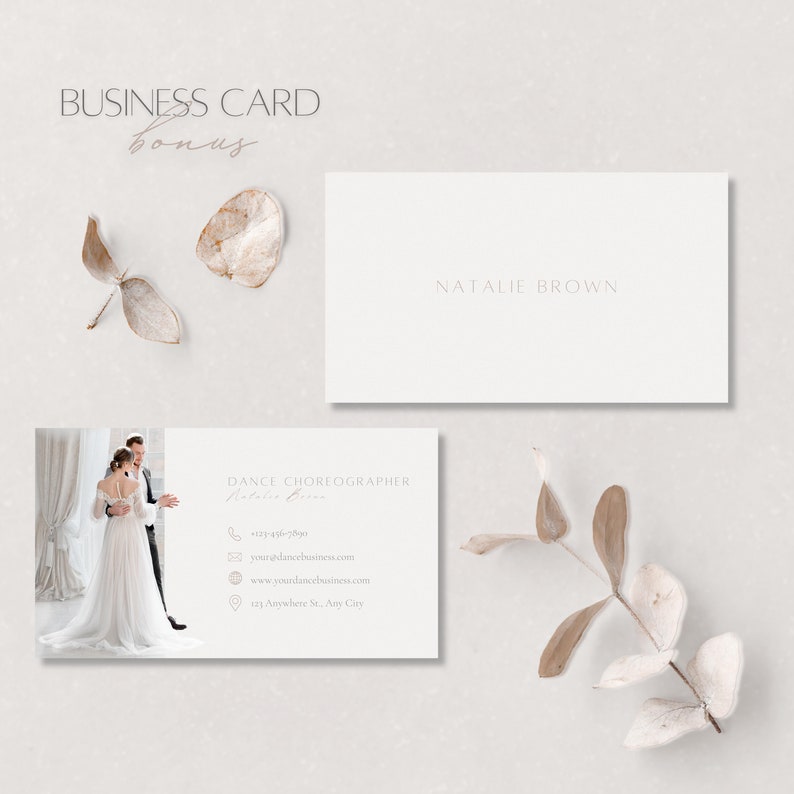 May include: A white business card with a photo of a couple dancing. The text on the card reads "Dance Choreographer", "Natalie Brown", "123-456-7890", "your@dancebusiness.com", "www.youndancebusiness.com", and "123 Anywhere St., Any City".