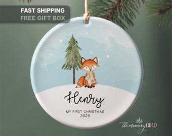 Baby&#39;s First Christmas Ornament, Baby&#39;s 1st Christmas, Deer, Fox, Bear, Woodland First Ornament
